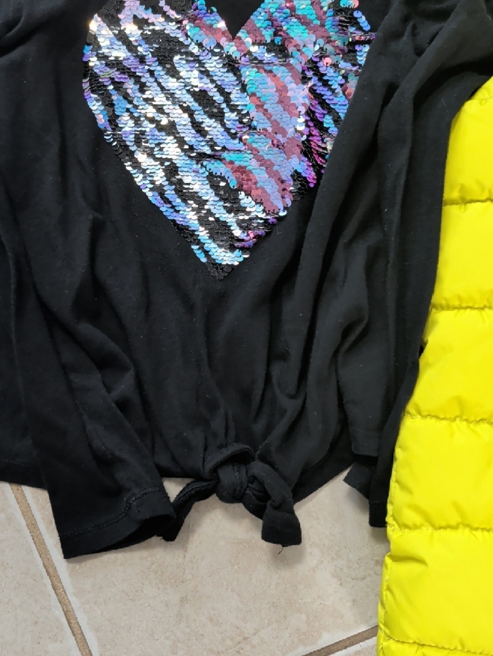 Old Navy Girls Size 8 Black Sequin Heart Top with Yellow Chartreuse Puffer Vest - Picture 6 of 8
